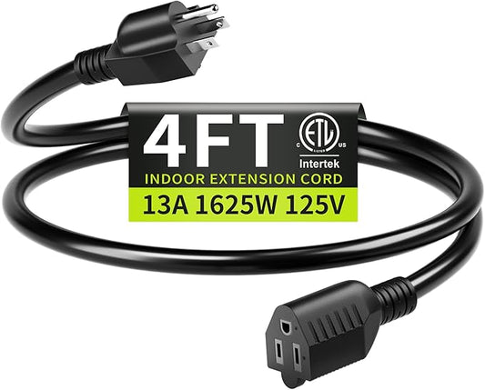 16/3 Black Extension Cord 4 FT, Indoor Extension Cord by Seeklyze