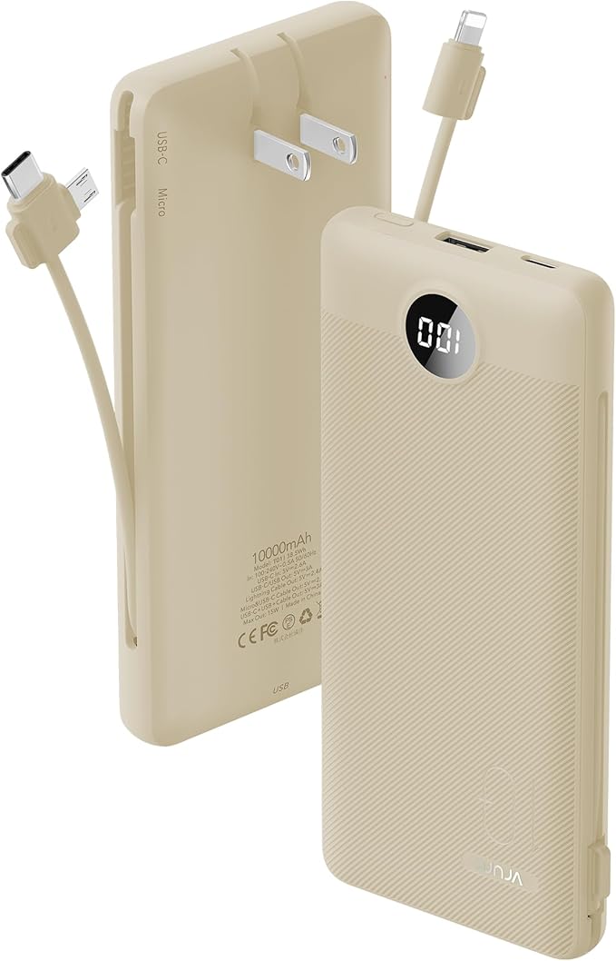 Portable Charger Built-in Cables and AC Wall Plug, USB C Power Bank 10000mAh by Home
