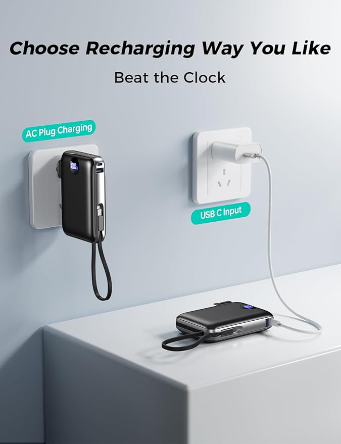 Portable Charger with Built-in Cables & Wall Plug, 10000mAh Power Bank - Image 6