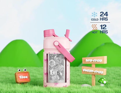 12 oz Insulated Water Bottle for Girls: 2-in-1 Straw Spout Lid, Easy Carry - Image 4