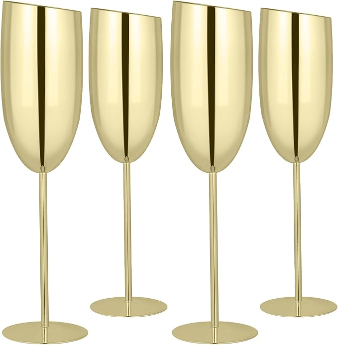 TJ Champagne Glasses Set of 4 Stainless Steel Champagne Flutes 8.5 oz by TJ