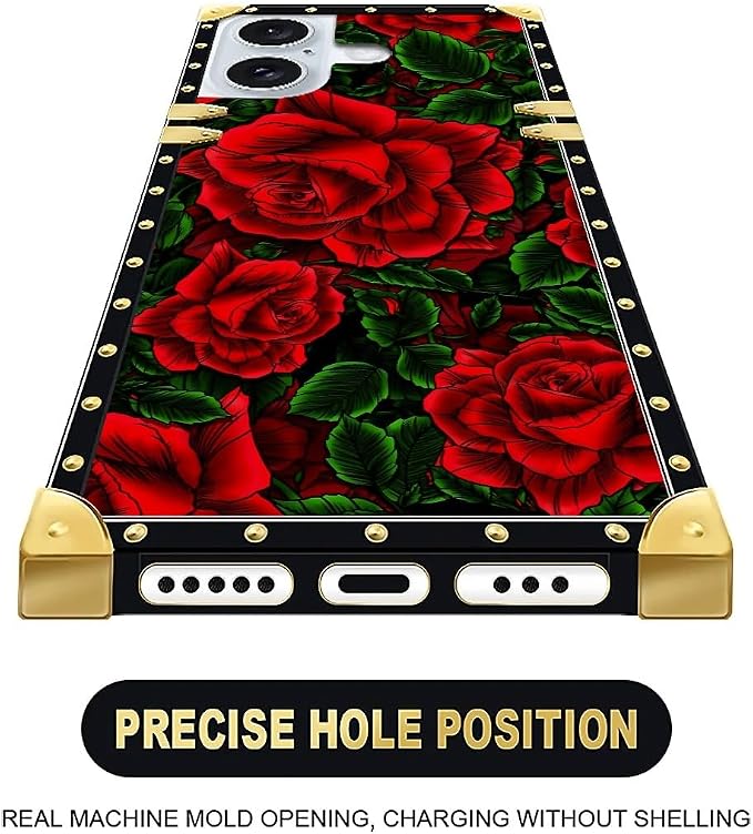 Compatible with iPhone 16 Case, Vector Red Rose Green Leaf Luxury Golden - Image 6
