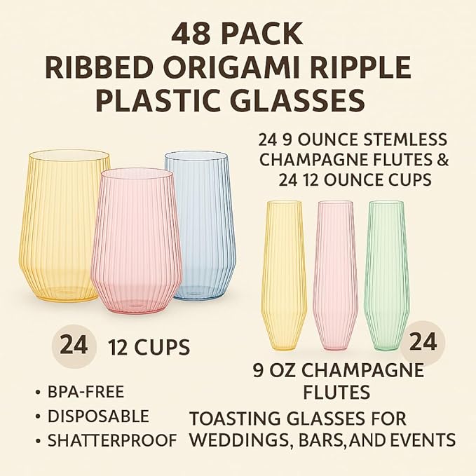 Oojami 48 Pack Ribbed Origami Ripple Plastic Glasses, 24 Stemless 9oz Champagne - Image 5