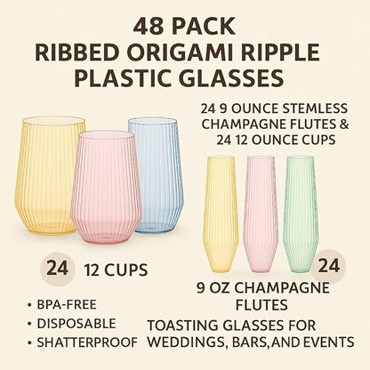 Oojami 48 Pack Ribbed Origami Ripple Plastic Glasses, 24 Stemless 9oz Champagne - Image 5