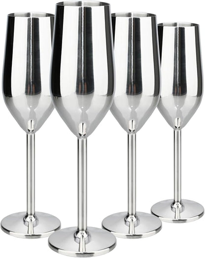 TJ Unbreakable 8 Oz Stainless Steel Champagne Flutes- Silver Champagne Glasses by TJ