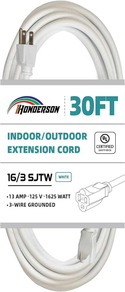 Indoor Outdoor Extension Cord Weatherproof, UL Listed, 16 Gauge 30FT White 3 by HONDERSON