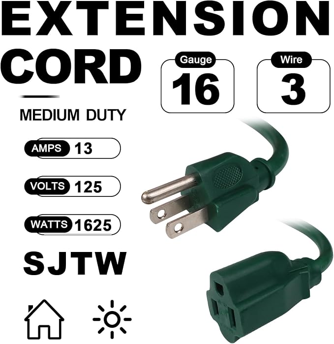 EP 15FT Green Outdoor Extension Cord, 16/3 SJTW Heavy Duty Waterproof, 3 Prong - Image 2