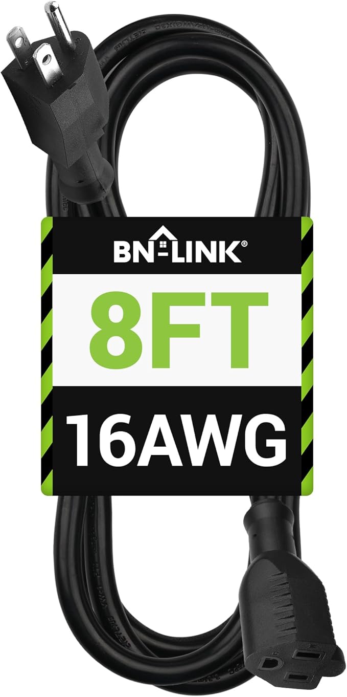 BN-LINK 8 ft Indoor/Outdoor Extension Cord 16/3 SJTW, Water & Weather Resistant by BN-LINK