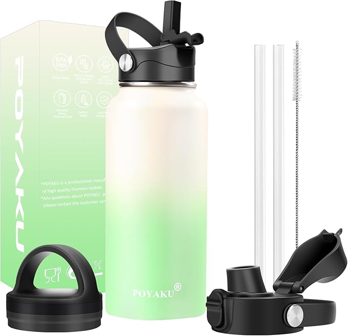 Water Bottle Insulated 32oz 40oz 64oz 128oz Straw Lid Spout Lid & 3 Lids by POYAKU