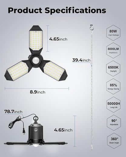 toberich Motion Sensor Garage Light Plug in, 8000LM Shop Light w/ 3 Modes - Image 7