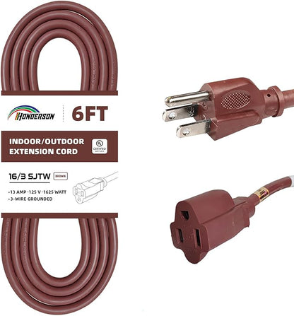6FT Brown Outdoor Extension Cord-16/3 SJTW Durable Extension Cord by HONDERSON
