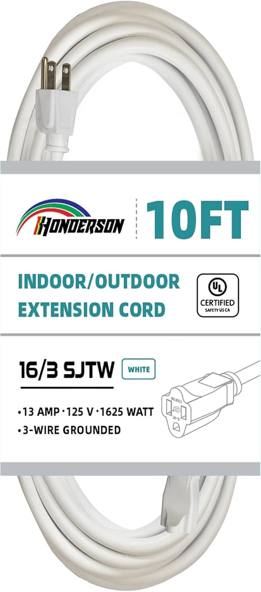 Indoor Outdoor Extension Cord Weatherproof, UL Certified, 16 Gauge 10FT White 3 by HONDERSON
