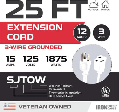 Iron Forge Cable 12 Gauge Outdoor Extension Cord 25 Ft, SJTOW 12/3 Heavy Duty - Image 2