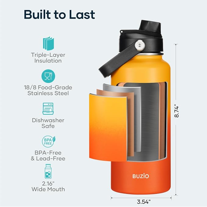 BUZIO 32oz Insulated Water Bottle, Triple Wall Vacuum Stainless Steel Water - Image 4