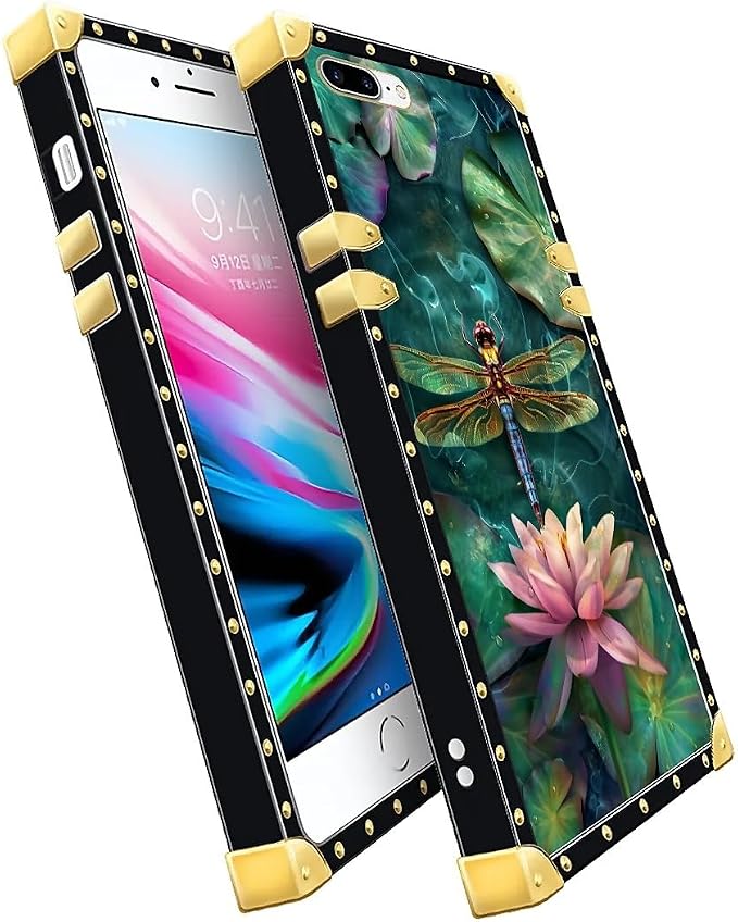 Compatible with iPhone 8 Plus 7 Plus Case, Colourful Dragonfly Pink Lily Pads - Image 3