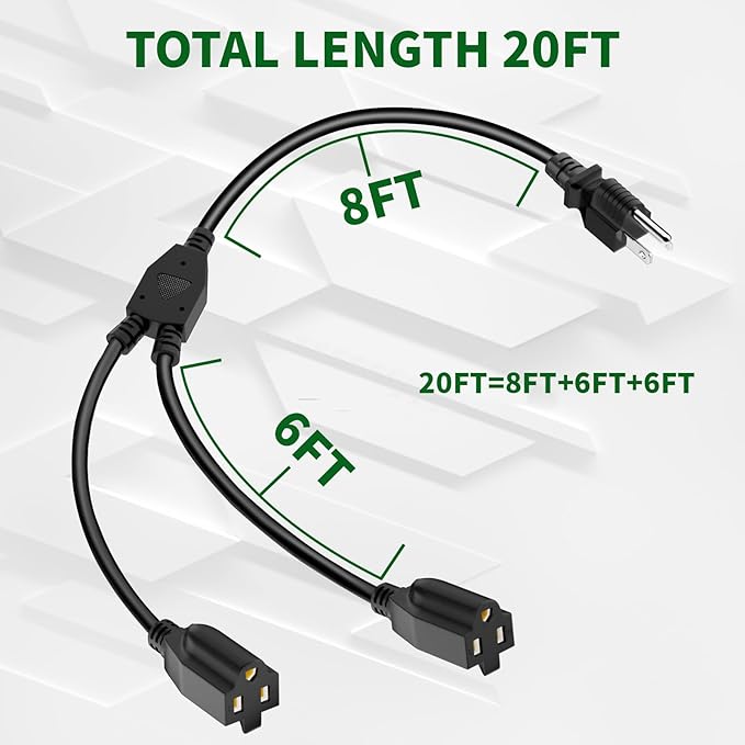 2 Way Power Extension Cord Splitter 20 Ft Total-3 Prong 1 to 2 Extension Cord - Image 2