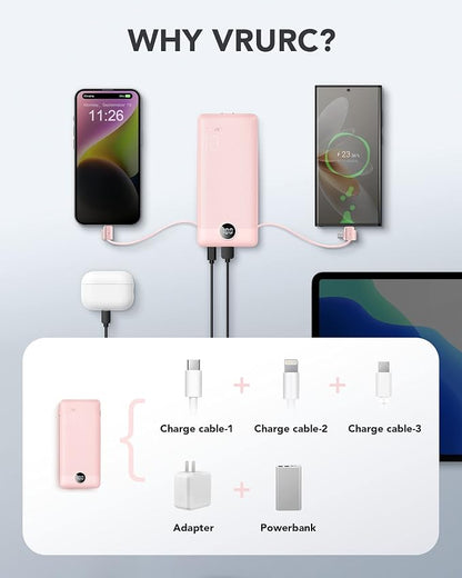 VRURC Portable Charger Built-in Cables and AC Wall Plug, USB C Power Bank - Image 5