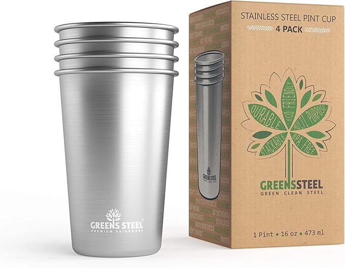 Greens Steel #1 Premium Stainless Steel Cup, 16 oz Pint Cups Premium Metal Cups by GreensSteel