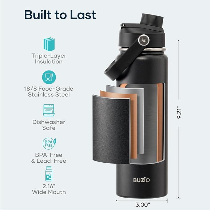 BUZIO 24 oz Insulated Water Bottle, Stainless Steel Wide Mouth Water Flask - Image 3