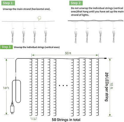 Solhice LED Curtain Lights Outdoor 50ft x10ft, 1000 LED Plug in Hanging String - Image 7