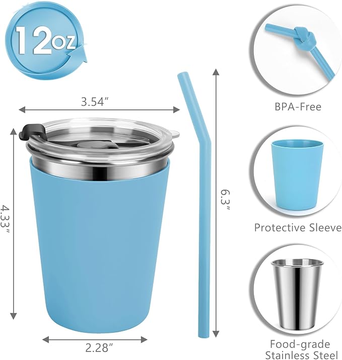 Kids Cups with Straws and Lids Leak Proof, 12oz Stainless Steel Cups - Image 2