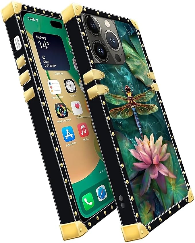 Compatible with iPhone 14 Pro Case, Colourful Dragonfly Pink Lily Pads Luxury - Image 3