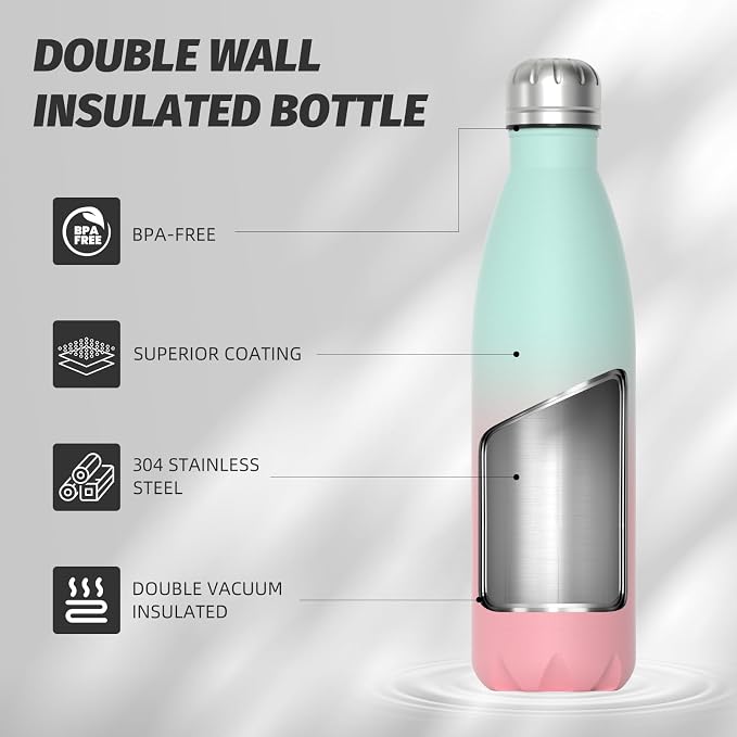 WATERSY Stainless Steel Water Bottle, 17oz/500ml Insulated Pink Bottle Keeps - Image 8
