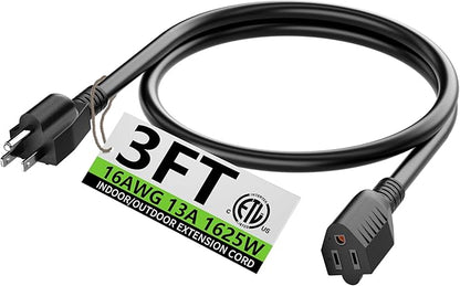 HUANCHAIN 3 FT 16 Gauge Black Indoor Outdoor Extension Cord Waterproof by huanchain