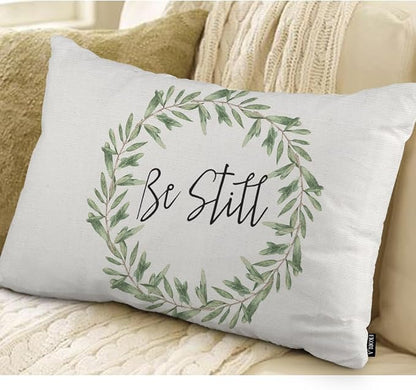 EKOBLA Rustic Be Still Rectangle Throw Pillow Case Green Olive Wreath Leaves - Image 2