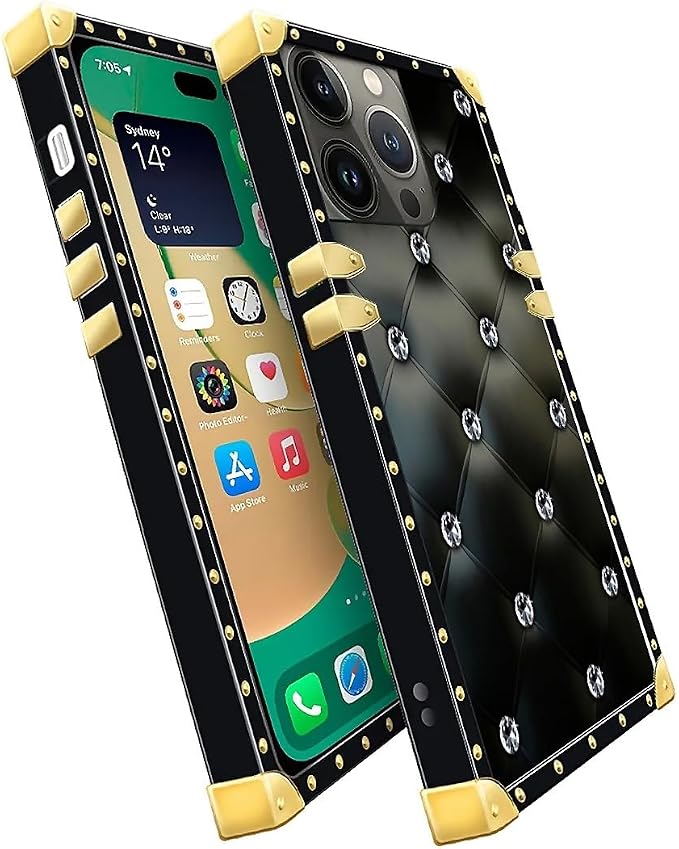 Compatible with iPhone 14 Pro Max Case, Shiny Black Sofa Crystal Luxury Golden - Image 3