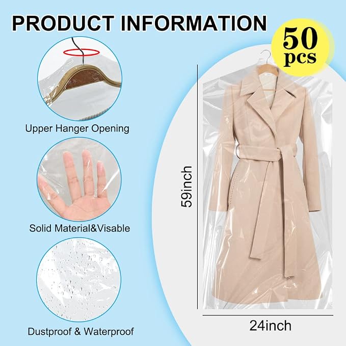 BEISHIDA 50PCS 60 Inch Plastic Garment Bag-Plastic Clear Dry Cleaner Laundry - Image 2