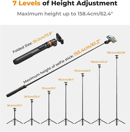 K&F CONCEPT 62'' Phone Selfie Stick Tripod, 2-in-1 Extendable Cell Phone Tripod - Image 2