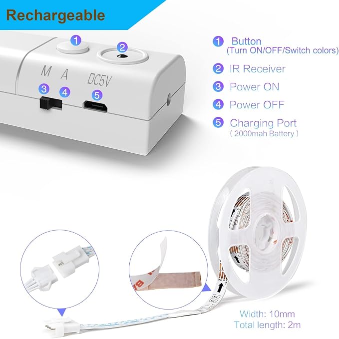 WOBANE 2PCS Rechargeable LED Strip Lights, Dimmable RGB Rope Lighting - Image 7
