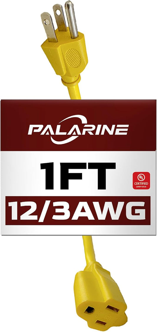 1ft Yellow Extension Cord Waterproof, UL Listed, 12/3 SJTW Heavy Duty 3 Prong by PALARINE