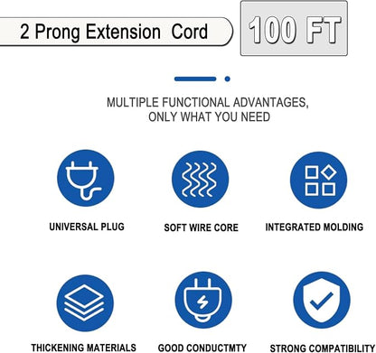 100 FT White Extension Cord, 2 Prong Extension Cord 18AWG SPT-2 Flat Cord - Image 2