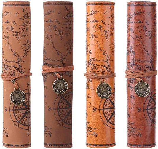 4 Color Leather Pen Case Vintage Pencil Bag Roll Map Compass Pattern Rolling by TOTUUYO