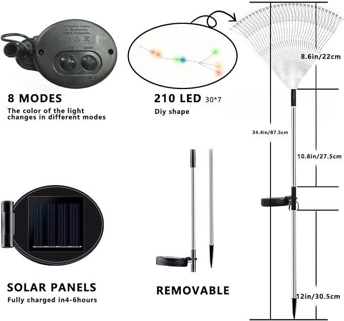 210 LED Solar Firework Lights, 8 Modes Solar Garden Lights Outdoor Waterproof - Image 2