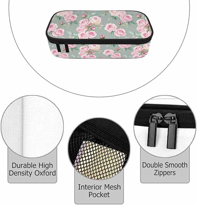Pink Blooming Flower Pencil Holder Bag Roses Peonies Bouquets Leaves Garden - Image 3