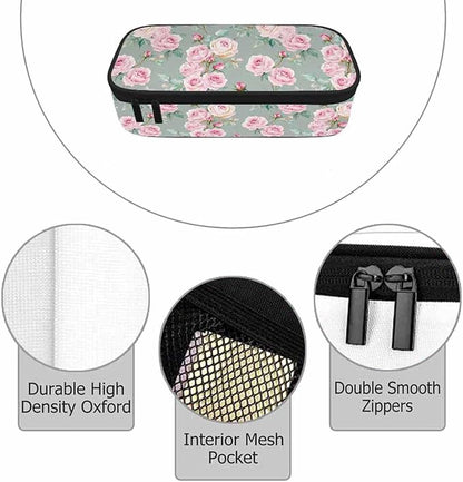 Pink Blooming Flower Pencil Holder Bag Roses Peonies Bouquets Leaves Garden - Image 3
