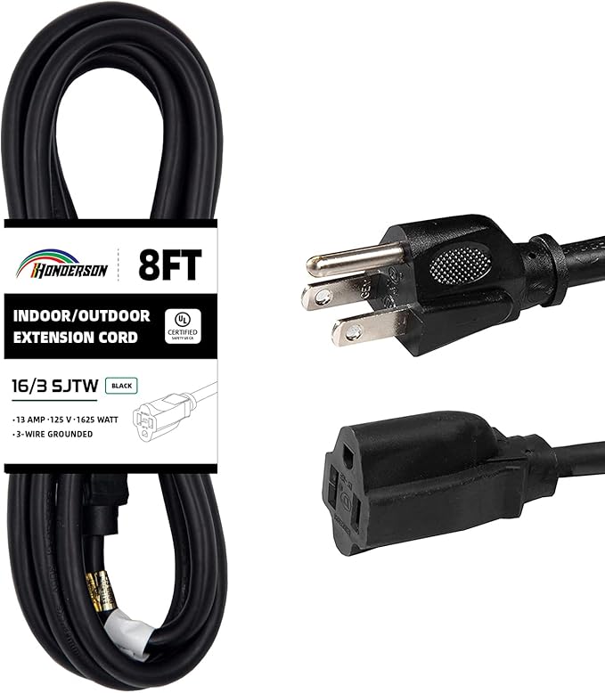8FT Outdoor Extension Cord-16/3 SJTW Durable Black 3 Prong Grounded Plug Power by HONDERSON