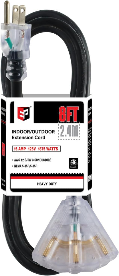 EP 8 Ft 12 Gauge Heavy Duty Extension Cord, 15A 125V 1875W, 3 Outlet by ENERGYPRO