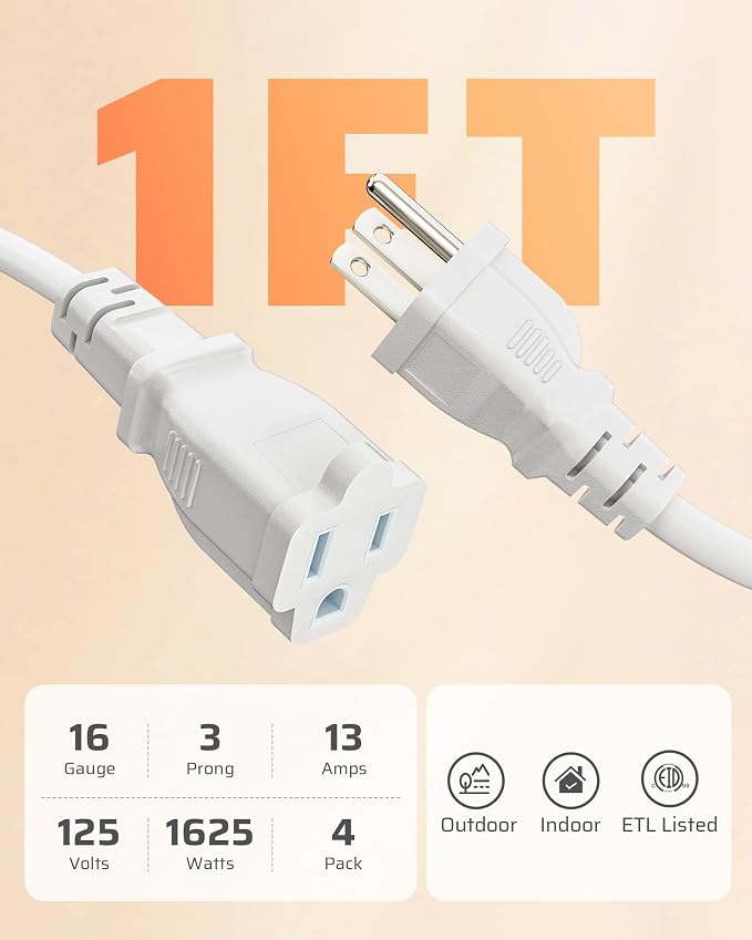 DEWENWILS Short Extension Cord, 1 Foot Power Cord, 16 AWG SJTW Weatherproof - Image 6