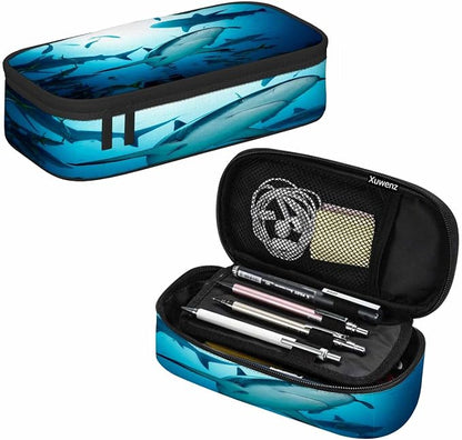 Sharks Pencil Case Organizer Ocean Sea Fish Light Blue Stationery Box Makeup - Image 7
