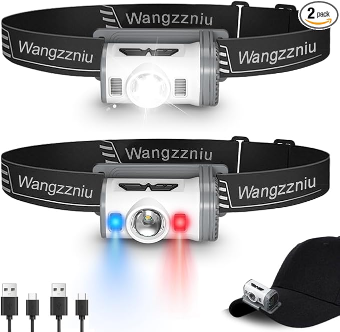 LED Headlamp Rechargeable Type-C, 2 Pack Super Bright Head Lamps, 8 Modes Clip by Wangzzniu