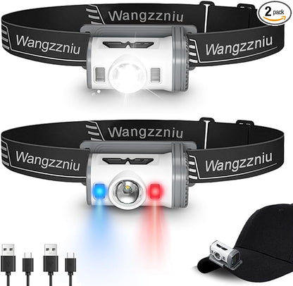 LED Headlamp Rechargeable Type-C, 2 Pack Super Bright Head Lamps, 8 Modes Clip by Wangzzniu