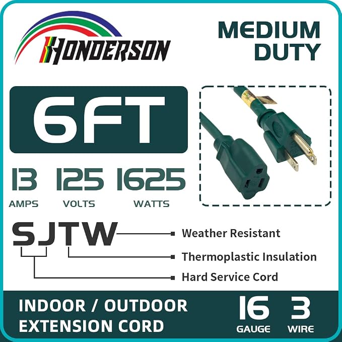 6FT Outdoor Extension Cord-16/3 SJTW Durable Green 3 Prong Grounded Plug Power - Image 3
