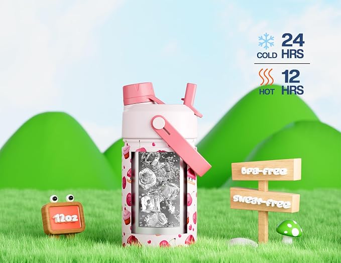 12 oz Insulated Water Bottle for Kids: 2-in-1 Straw Spout Lid, Spill-proof - Image 4