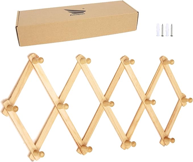 AMAPON Accordion Style Expandable Wall Wooden Coat Rack 13 Hooks Hang Hats by AMAPON
