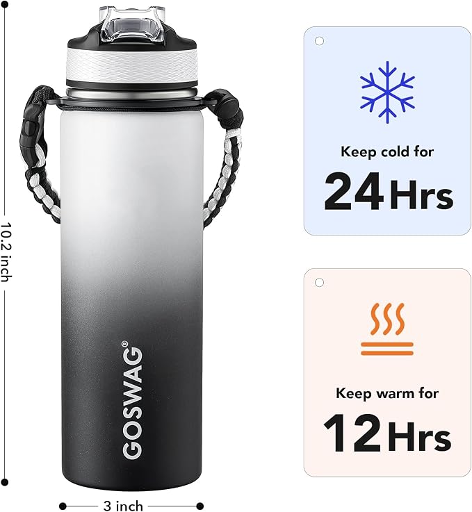 GOSWAG Insulated Sports Water Bottle, 24oz 2 Lids, Stainless Steel Water Bottles - Image 2