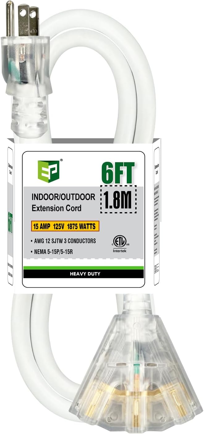 EP 3FT 12 Gauge Heavy Duty Extension Cord, 15A 125V 1875W, 3 Outlet by ENERGYPRO